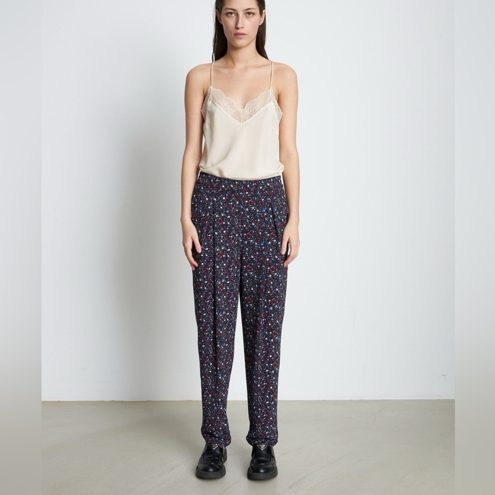 NWT Anthropologie x Stella Nova‎ Olive Pants in Navy Ditzy Blue Floral Print XS